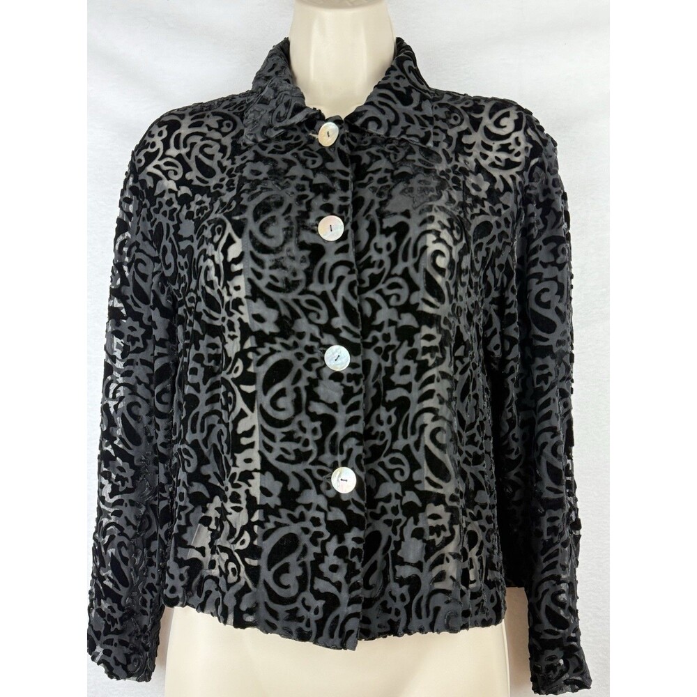 Cropped Velvet Burnout Top Black Mother Of Pearl Buttons Collar No Tags